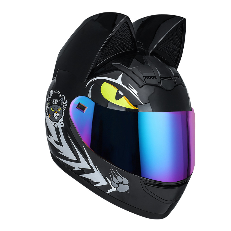 Casco de motocicleta eléctrico HNJ para mujer con orejas de gato, casco integral para verano, se puede equipar con auriculares Bluetooth, casco integral para motocicleta.