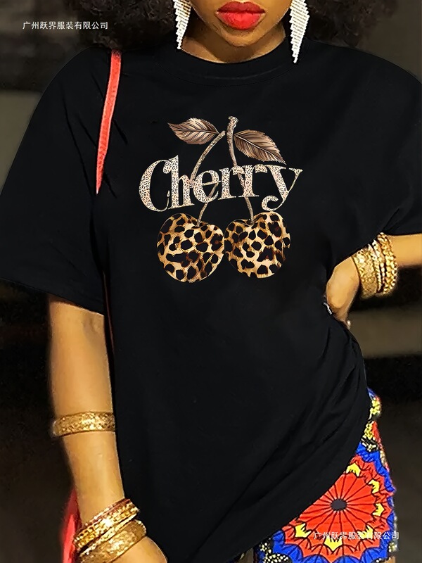 European Size Women's Casual Short-Sleeve T-Shirt - Leopard Print Cherry Pattern with Glitter Letters Round Neck Women's Short-Sleeve Top European Size Women's Casual Short-Sleeve T-Shirt - Leopard Print Cherry Pattern with Glitter Letters Round Neck Women's Short-Sleeve Top