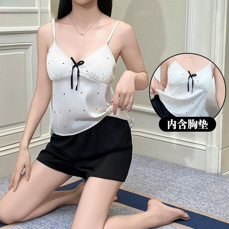 Doll Love Clothing Summer Satin Women's Homewear Set with Chest Pads, Two-Piece Polka Dot Camisole Short Pajamas