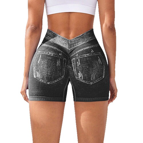 Mu Yao European and American imitation denim seamless yoga shorts women's rear V waist lifting hip tight running sports fitness pants