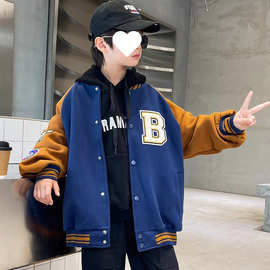 男童冬装加绒外套2023新款中大童拼色字母刺绣加厚棒球服韩版开衫