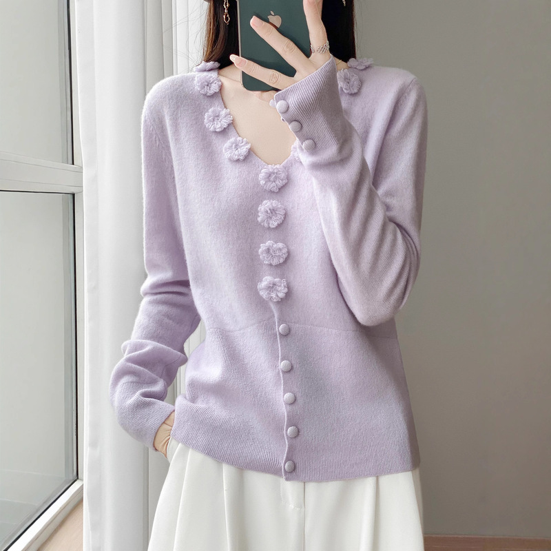 Three-Dimensional Handmade Crochet 100% Pure Wool Knitwear Women's V Neck Long-Sleeved Pullover Knitwear Pure Color Casual Versatile Knitwear