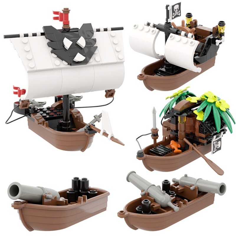 Cross-border MOC Assembled Small Particle Building Blocks Drifting Raft Pirate Gunboat Port Scene Creative Desktop Ornaments