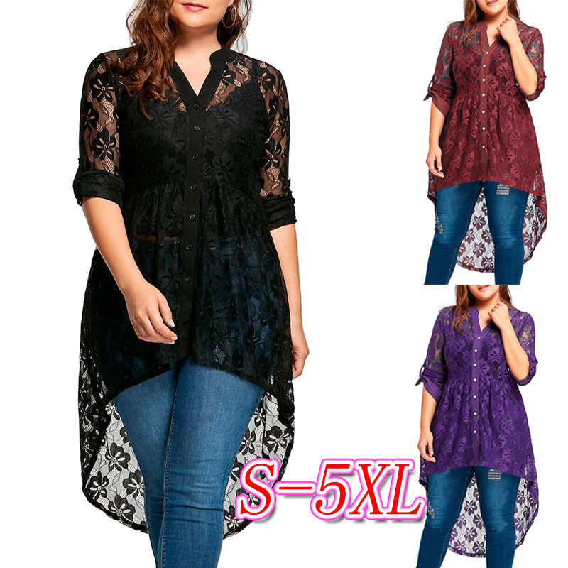 Large Size European and American V-neck High Waist Front Short Back Long Lace Dress Half Sleeve Pullover Lace Shirt Pullover Dress