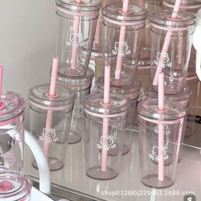 夏かわいいリボン大容量冷たい飲み物新しいガーリーキティストローカップ蓋付きプラスチックカップ|undefined