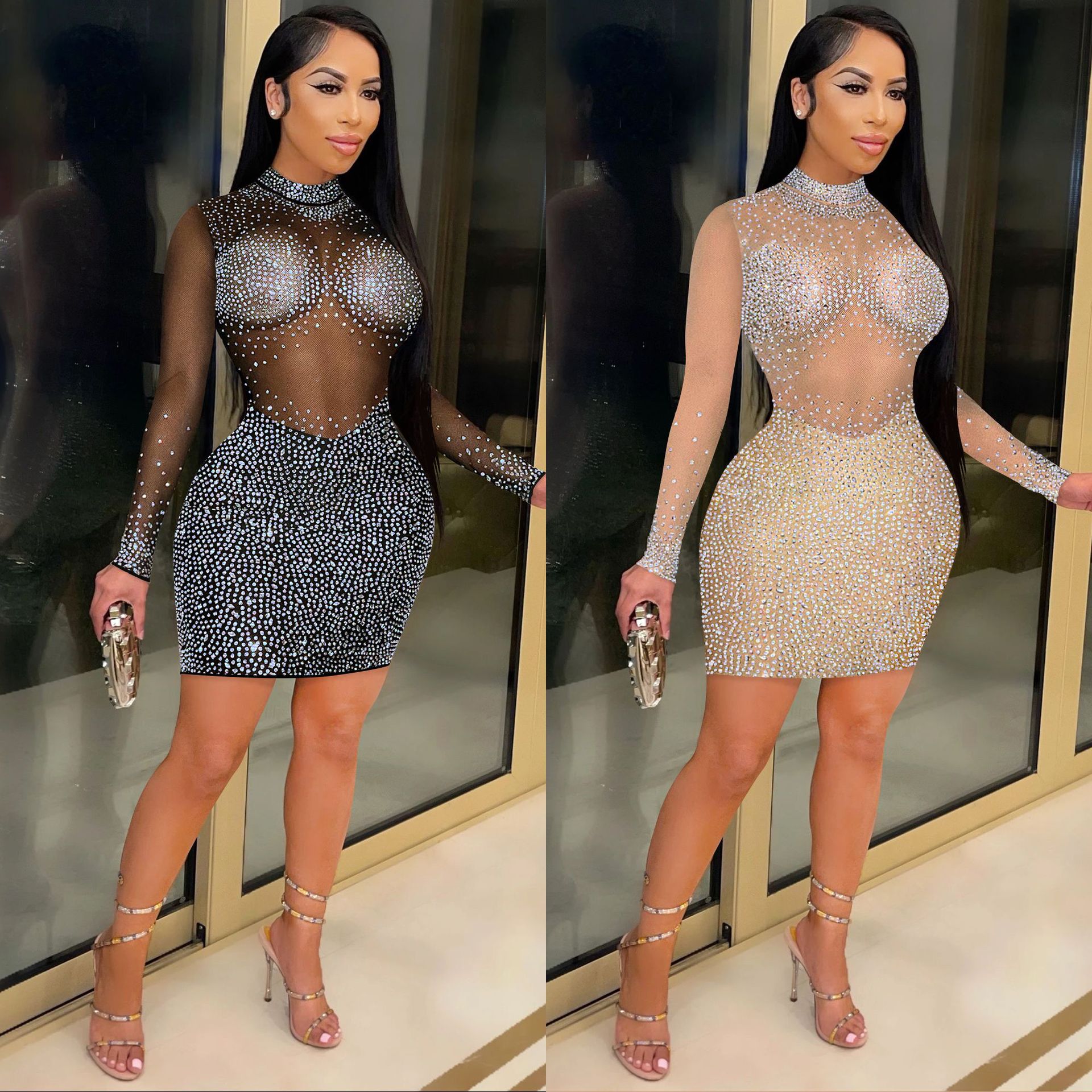 C5890 Aliexpress transfronterizo Amazon Europa y América de moda sexy club nocturno caliente de malla de perforación transparente vestido de manga larga