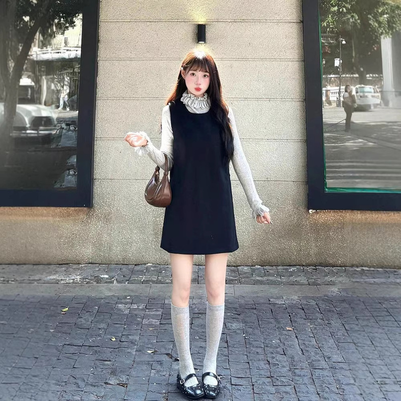 Chanel-Style Black Woolen Vest Dress for Women, Designer Half-High Collar Lace Knit Base Shirt Two-Piece Set