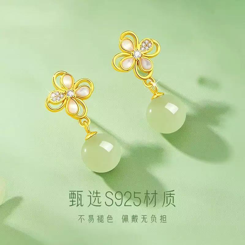 天然和田玉四葉草耳釘S999純銀耳環新中式古風耳墜氣質耳飾高級感