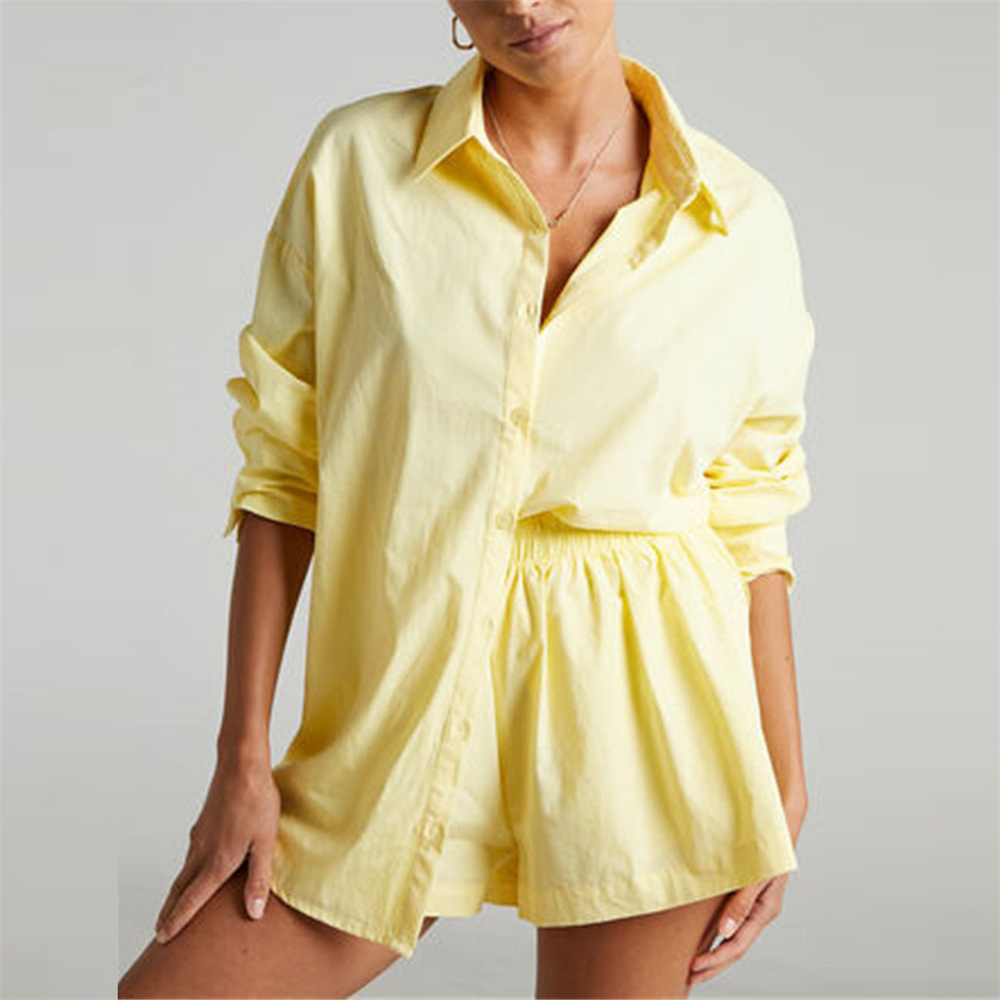 Women's fashion suit casual color matching single-breasted shirt elastic shorts two-piece set_voghion.com