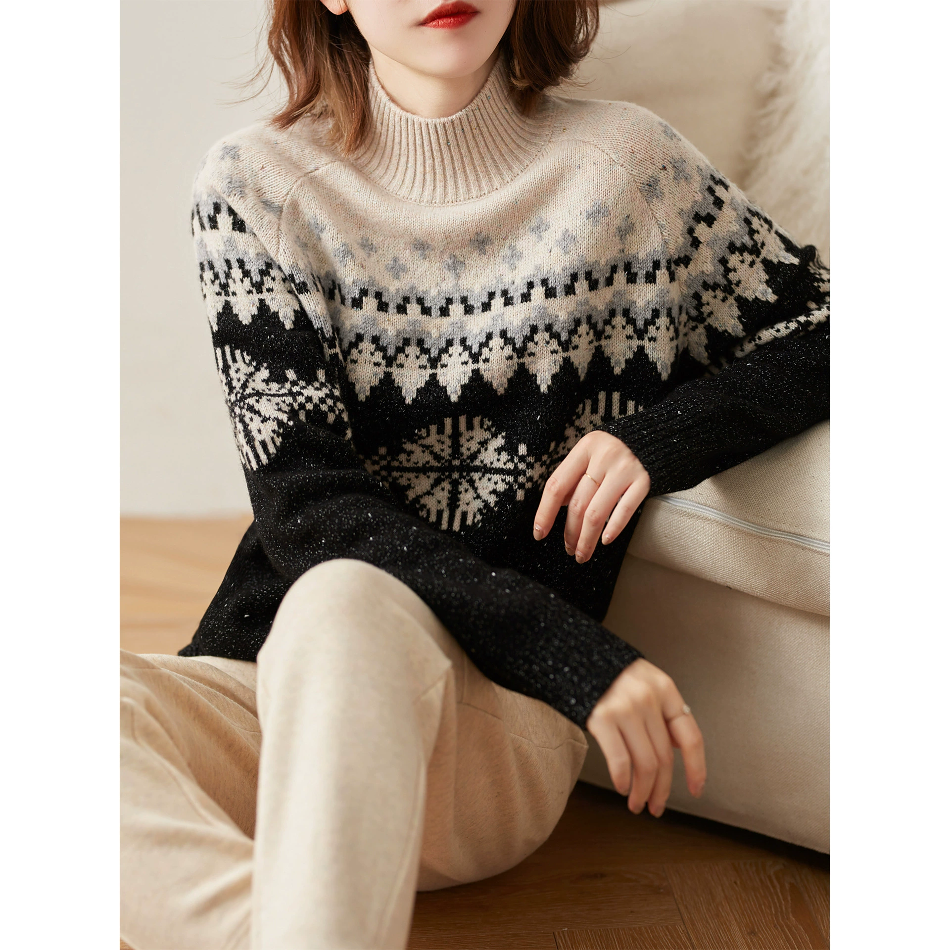 Высокий воротник женский свободный жаккардовый свитер с длинными рукавами 2024 осень и зима новый повседневный дикий теплый свитер нижняя рубашка