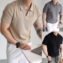 纯色POLO衫V领短袖针织衫男款夏季新款商务T恤潮修身百搭休闲上衣