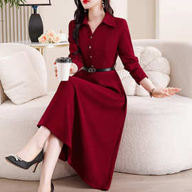 红色洋装子女士春秋冬季2025年新款气质高端减龄显瘦长袖中长裙