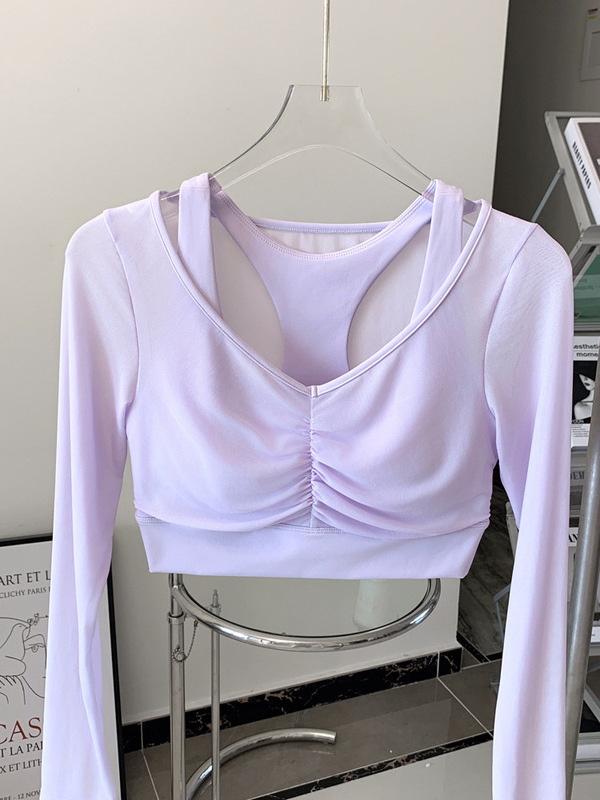 2025 新製品偽ツーピースメッシュヨガウェア Tシャツ女性の長袖通気性痩身フィットネスピラティストップ|undefined