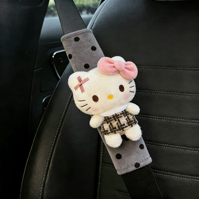 Hello Kitty car seatbelt anti-wear shoulder pads, creative cute plush decoration, high-end feel, a pair for women (Seat belt shoulder pad) - gray-polka-dot-kt-1-piece