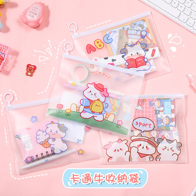 file pocket Cartoon Cow student Stationery Storage Ring Zipper bag waterproof Portfolio study transparent Kit