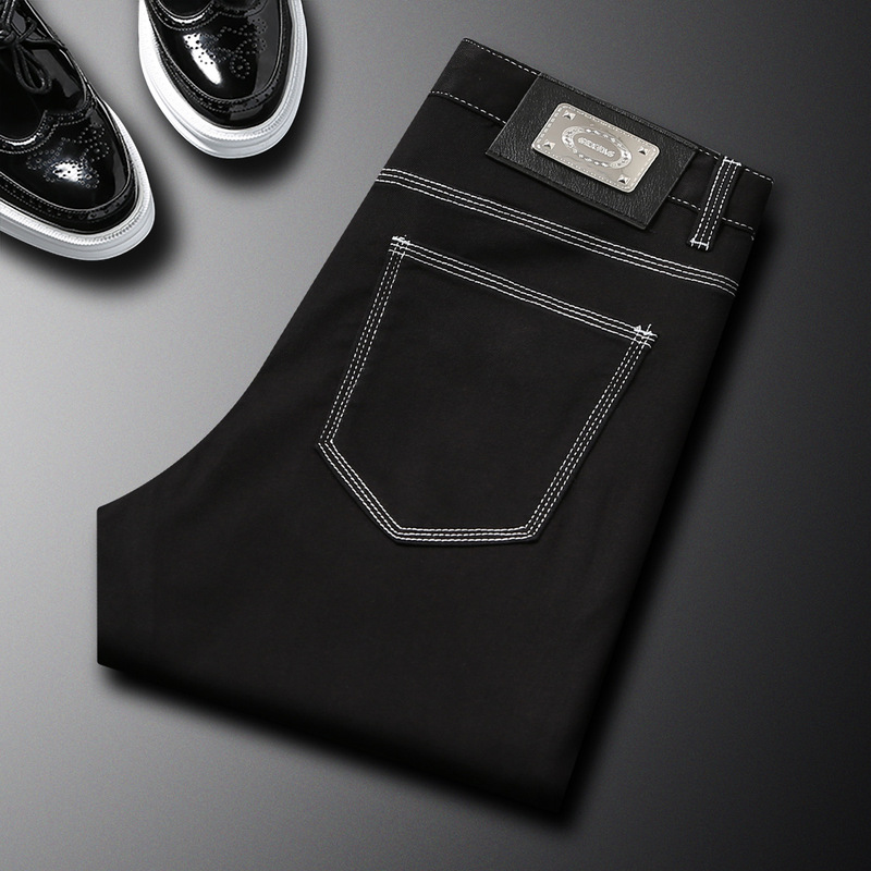 2025 New Black Jeans Men's Spring and Summer Ming Line Trousers Youth Elastic Slim-fit Small Straight Pants