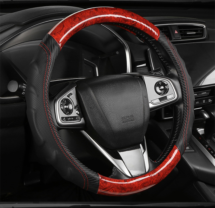 2026 New Model Peach Wood Grain Steering Wheel Cover, Universal for All Seasons, Carbon Fiber Spliced Leather Car Handle Cover, Foreign Trade Cross-Border