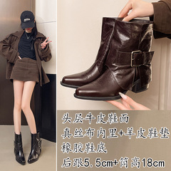 头层牛皮时尚百搭尖头粗跟马丁靴女2025秋冬季新款皮带扣中筒靴女
