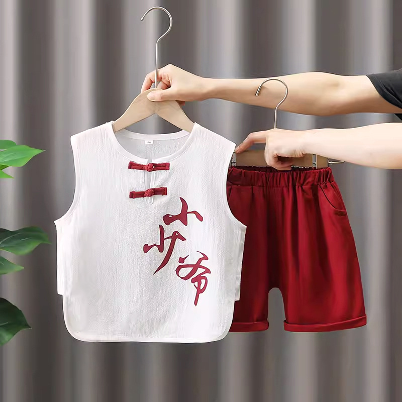 7886 Traje Hanfu de verano para niños, algodón y lino para niños, ropa nueva de verano, ropa de verano sin mangas de estilo occidental, traje de dos piezas de verano