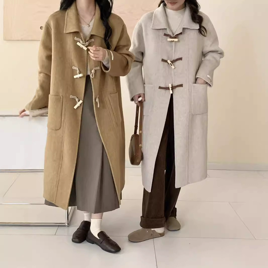 Двустороннее кашемировое пальто в Корейском стиле с деревянной роговой пряжкой в пасторальном стиле, женское кашемировое высококачественное осенне-зимнее утолщенное шерстяное пальто, женское