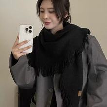 秋冬季新款百搭针织流苏三角披肩女保暖防寒纯色外搭加厚围巾