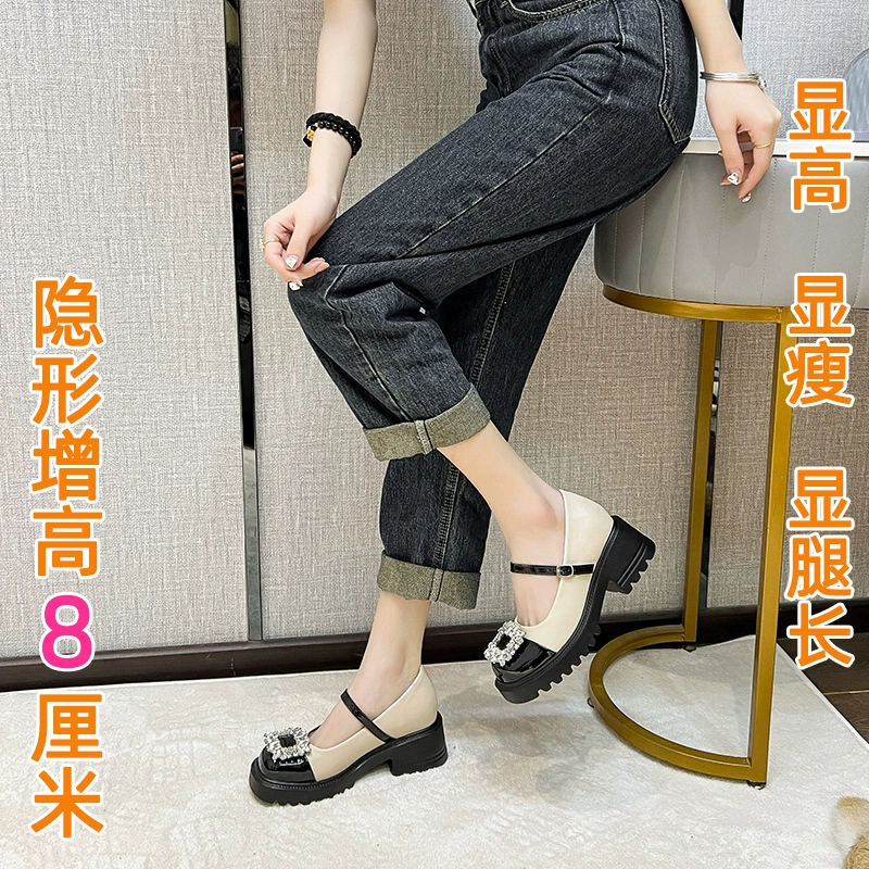 Однослойные туфли Мэри Джейн с квадратной пряжкой Flash Diamond, сочетающиеся по цвету, маленькие кожаные туфли на толстой подошве на толстом каблуке с квадратным носком, приподнятые по высоте лоферы