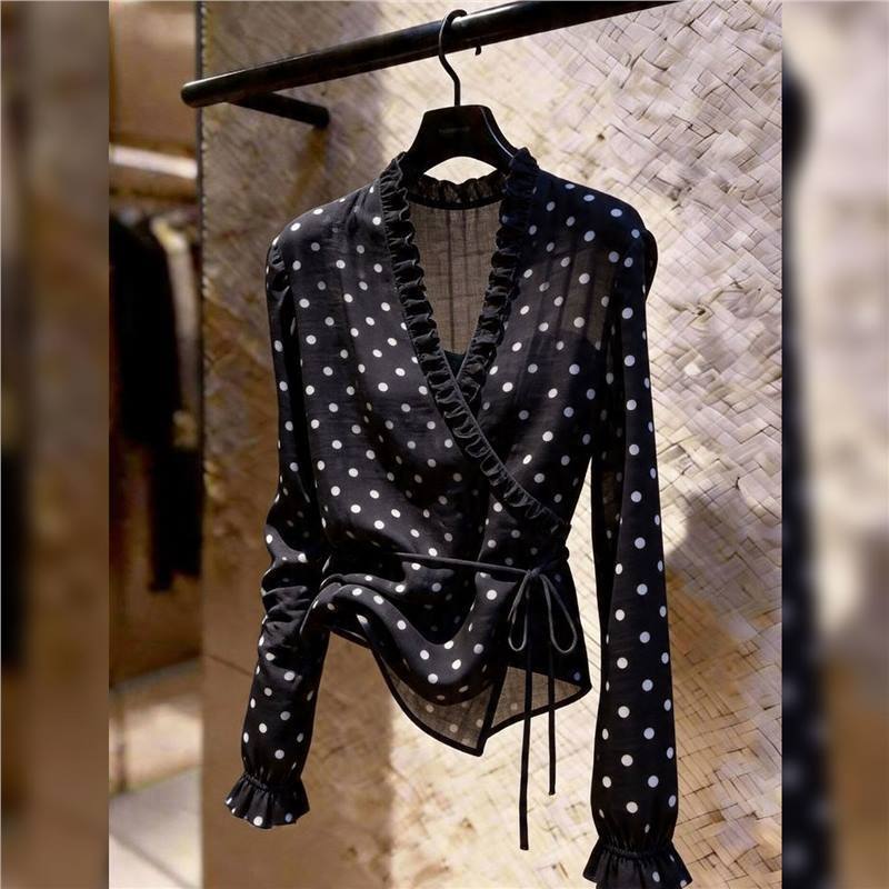 French-Style Polka Dot V-Neck Long-Sleeve Top for Women, Black with Tie Waist, Elegant and Slimming Design, Niche Fashion for Summer French-Style Polka Dot V-Neck Long-Sleeve Top for Women, Black with Tie Waist, Elegant and Slimming Design, Niche Fashion for Summer