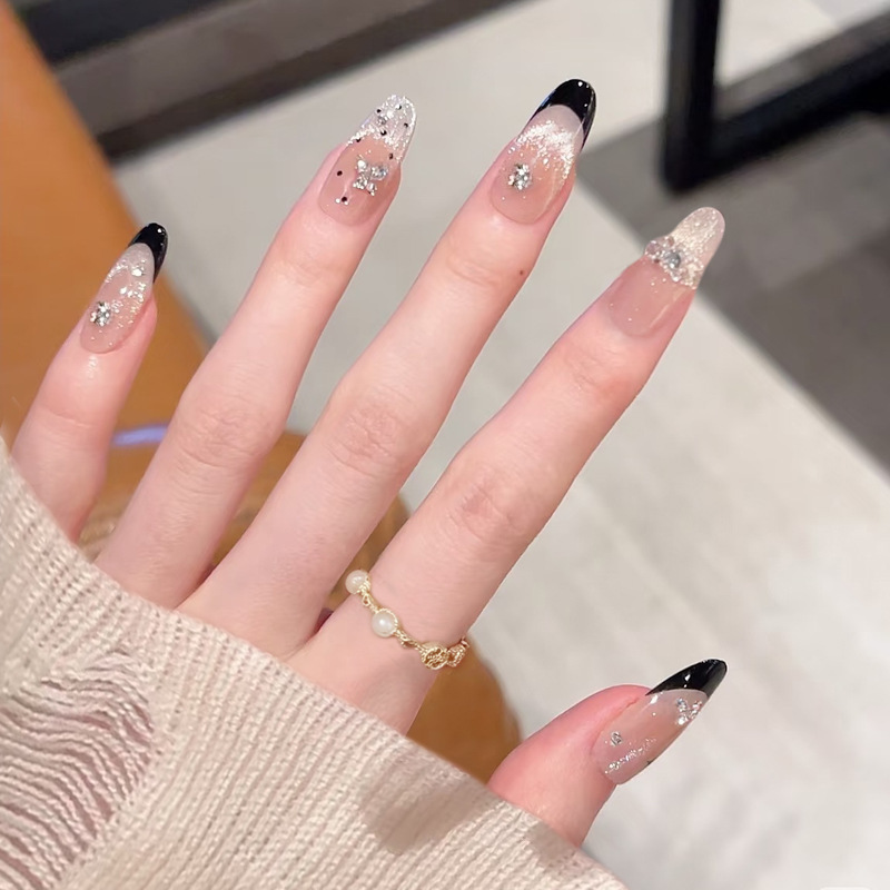 Fm-589 Fake Nail Stickers, French Style, Black, Heavy-Duty, Pure Desire, Autumn and Winter, Removable, Cat Eye, Pure Handmade, Sealing Layer, Phototherapy Nails