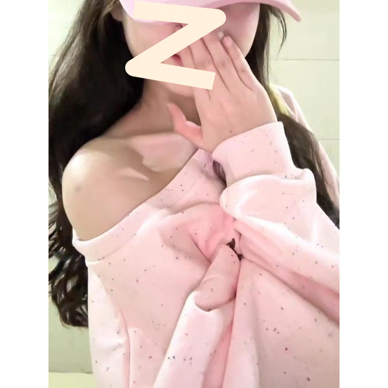 粉色可爱小狗斜肩卫衣女春秋宽松oversize学院风别致休闲百搭外套