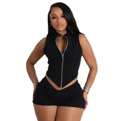 Women's European and American Cross-Border 2025 Summer New Solid Color Zipper Slimming Bust-Baring Top High-Waisted Tight Shorts Set