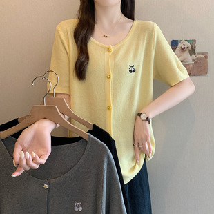Real Shot of Plus Size Women's Clothing 2025 Summer New Style Embroidered Knitted Cardigan Top Fat mm Versatile Ice Silk Short-Sleeved T-Shirt