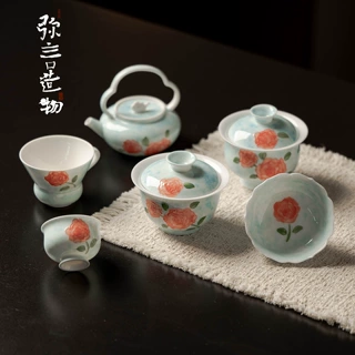 弥言手绘青岚玫瑰陶瓷功夫茶具套装家用茶壶盖碗茶杯合集女士茶具