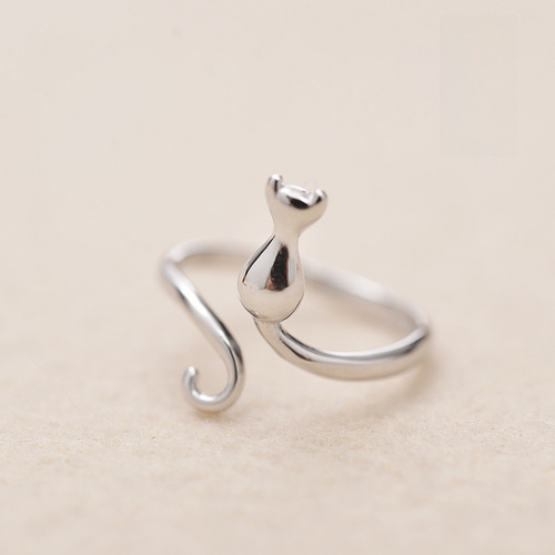 Japanese and Korean Sterling Silver Ring for Women, Super Cute Mini Cat Adjustable Fashionable Personality Kitty Finger Ring Accessory Tail Ring