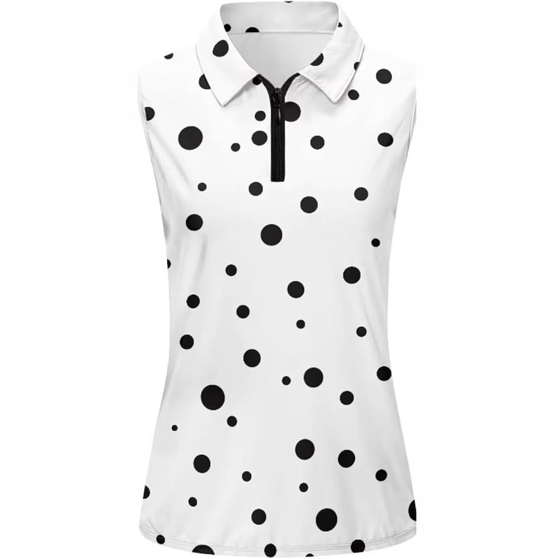 Cross-Border Exclusive Supply of Women's Black and White Polka Dot Printed Lapel Half-Zip Sleeveless T-Shirt, Amazon's Best-Selling Casual Top Cross-Border Exclusive Supply of Women's Black and White Polka Dot Printed Lapel Half-Zip Sleeveless T-Shirt, Amazon's Best-Selling Casual Top
