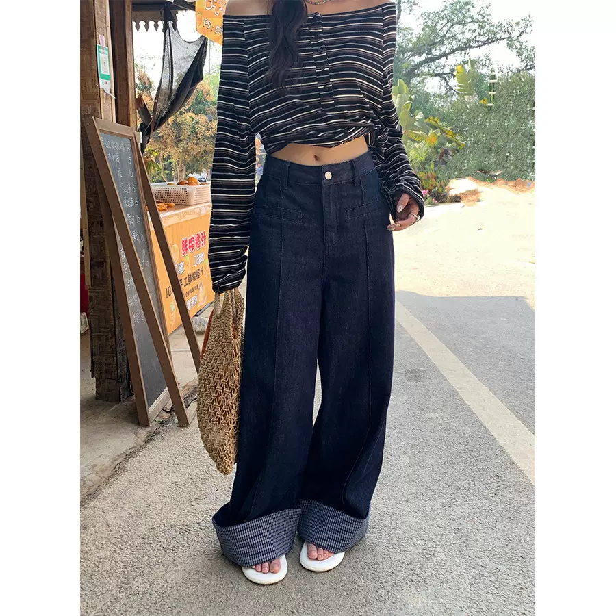 黄峥格纹裤脚拼接高腰阔腿牛仔裤女2025夏款显瘦时尚款长裤520095