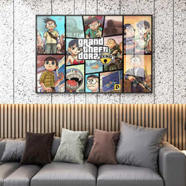 电竞酒店GTA主机游戏挂画网吧电脑背景墙装饰画哆啦A梦恶搞壁画