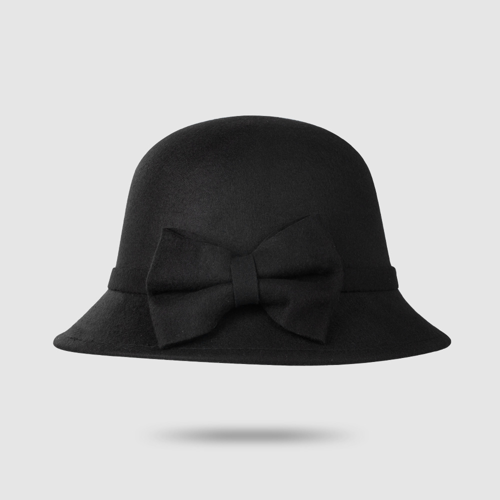 Autumn And Winter New Bow Top Hat Woolen Bowl Hat Pure Color Short Brim Hat display picture 4