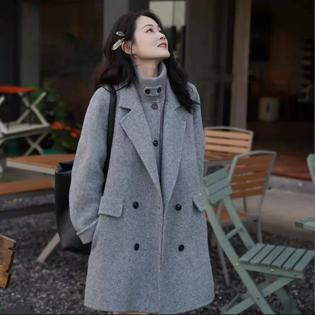 0912-163双面羊绒大衣女短款韩系宽松翻领系带收腰羊毛外套