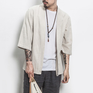 Summer Chinese Style Men's Cotton and Linen Solid Color Hanfu Seven-Sleeve Cardigan Shirt Japanese Style Large Size Retro Fashionable Robe