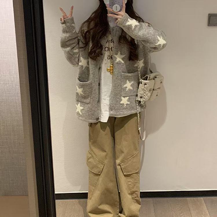 休闲慵懒风毛衣女外套设计感拼色五角星提花秋冬新款翻领针织开衫|undefined