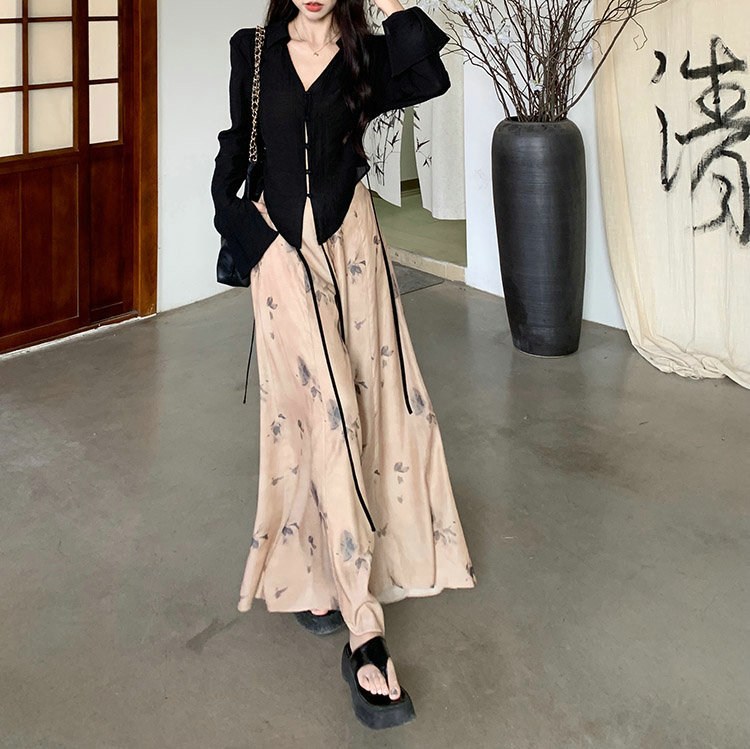 2024早秋新款新中式套装设计感别致长袖上衣复古水墨裤裙显瘦女装