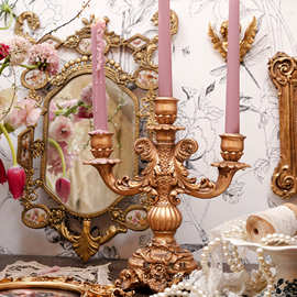 复古森林金色浮雕三头烛台做旧欧式烛台摆件家居装饰摄影道具