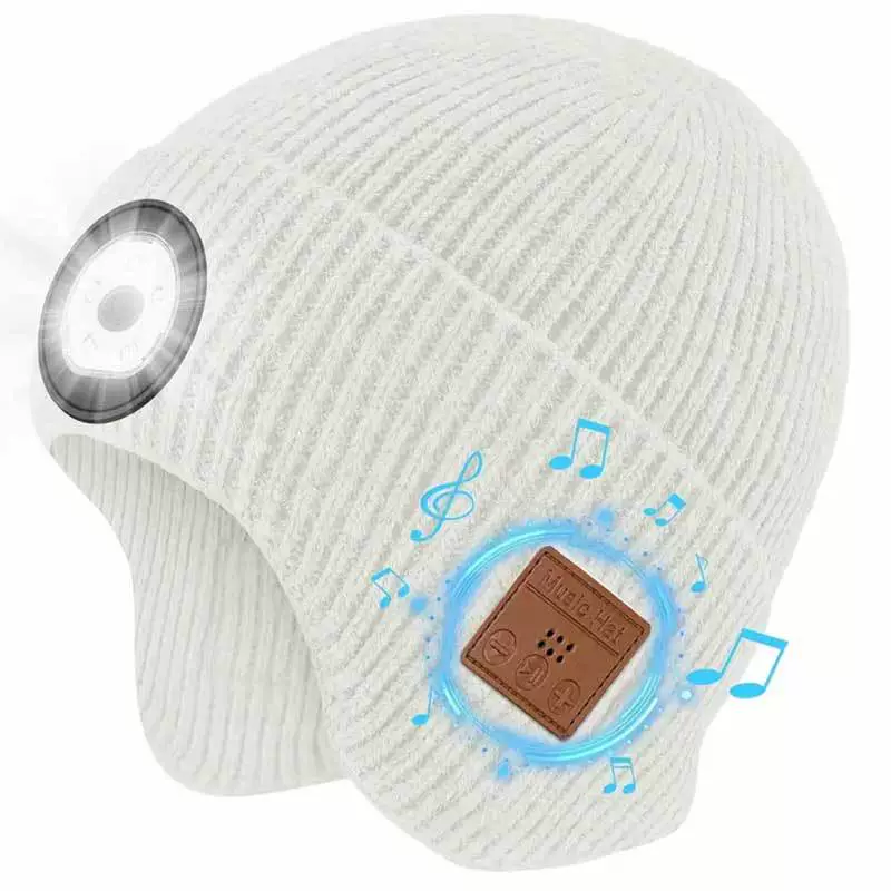 Bluetooth beanie hat with LED light and built‑in headphones, warm knit, lightweight