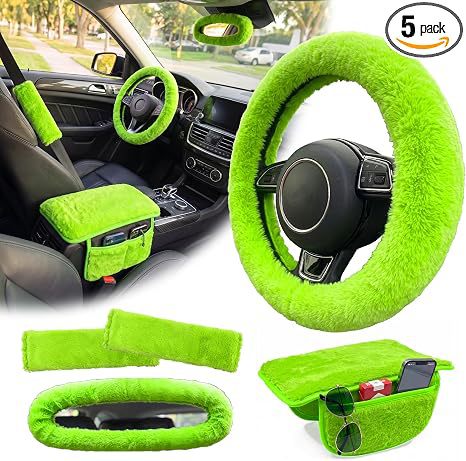 Cross-border plush steering wheel cover, seat belt cover, armrest box pad, car interior accessory set, winter warm and cute