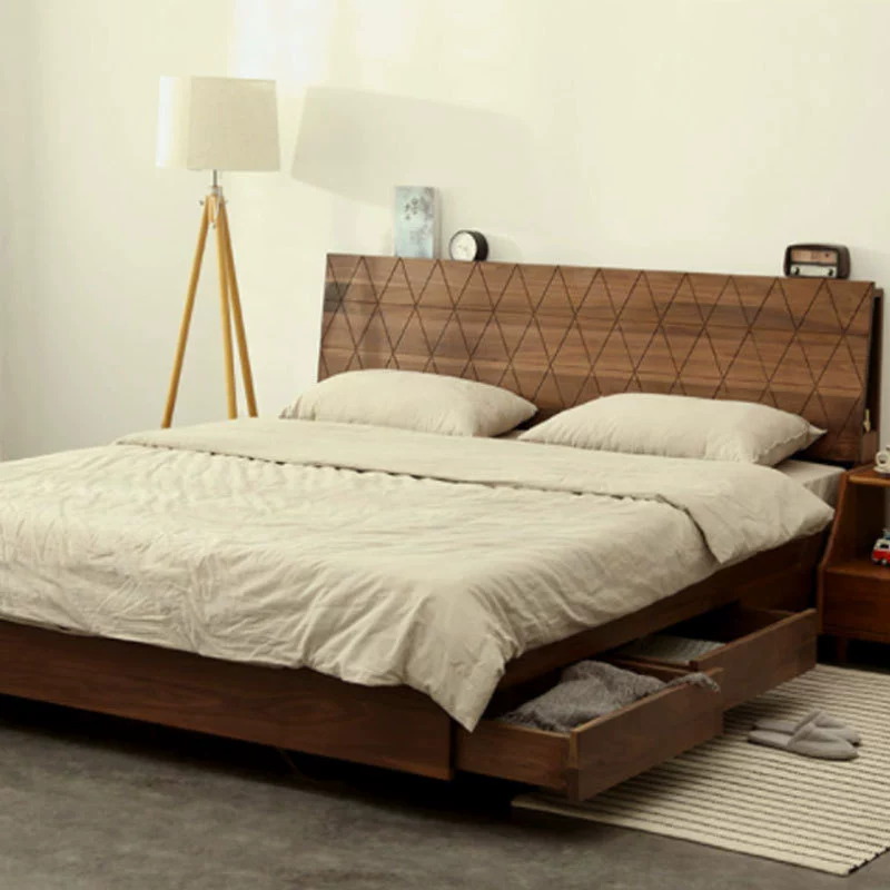 Скандинавская подвесная кровать для хранения из цельного дерева Современная простая черная ореховая высокая коробка Ящик с воздушным давлением Спальня Двуспальная кровать