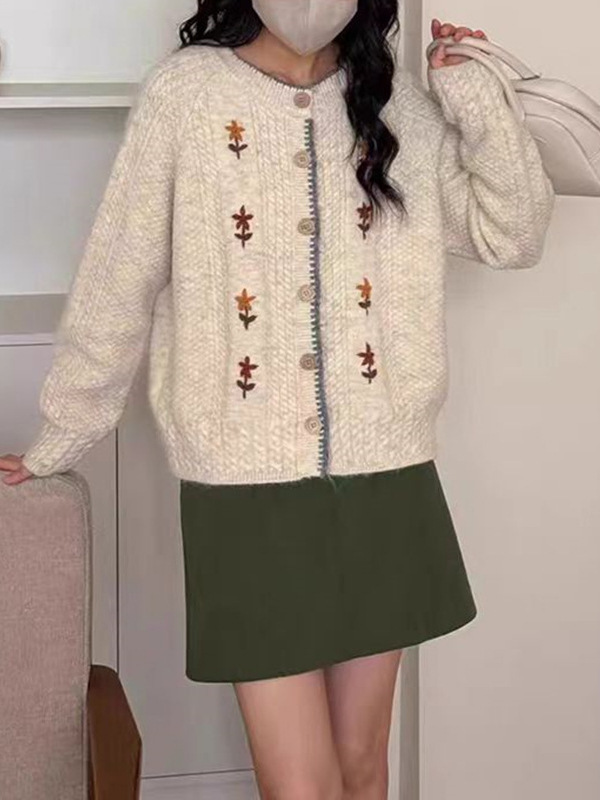 重工刺绣花朵圆领针织开衫女秋冬日韩新款宽松撞色软糯毛衣外套女|undefined