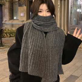 韩版羊毛混纺针织毛线围巾女冬季加厚保暖高级灰色情侣围脖男冬