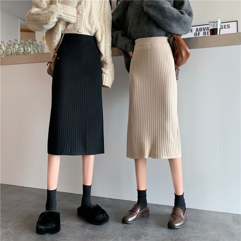 New Autumn and Winter Skirt Knitted Petite Mid-Length Hip-Hugging Skirt Elastic Waist Korean Style Student One-Step Skirt