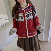 费尔岛连帽毛衣开衫外套女2025秋季新款新款宽松新年红色针织上衣