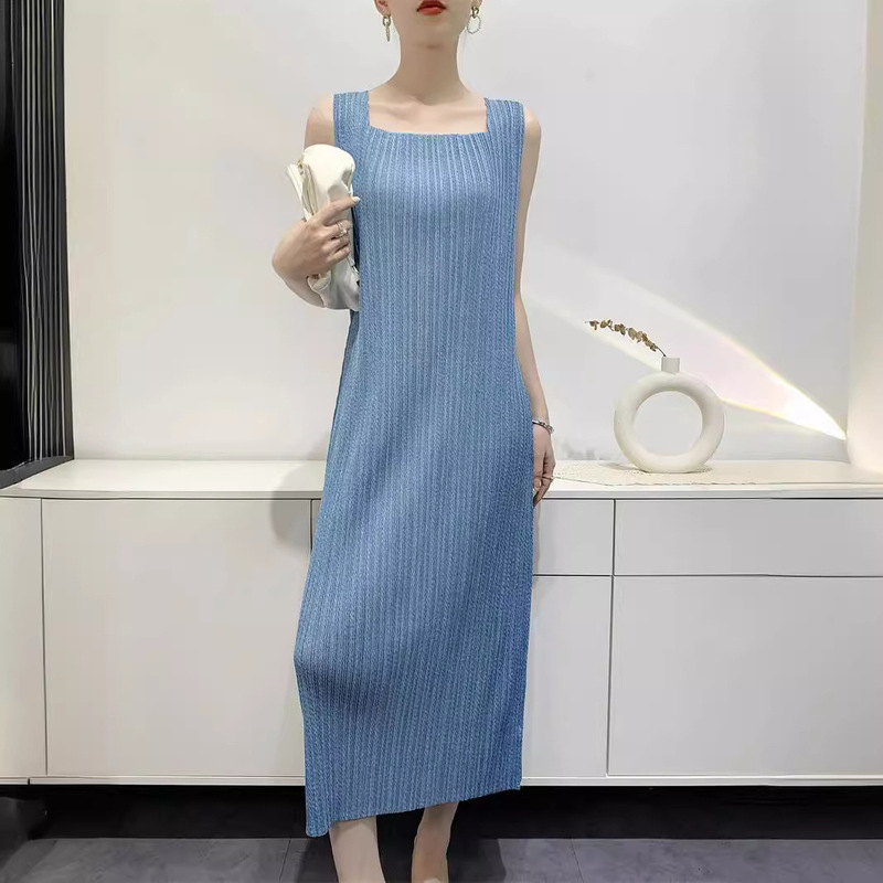 Printed Denim Color Pleated dress Women's Sleeveless Vase Dress Comfortable Casual Slimming Mid-length Dress Elegant
